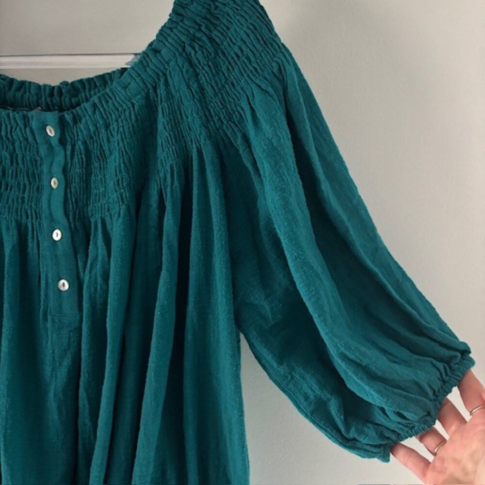 GiGiO USA Green Blue Peasant Top L Puff Sleeve Feminine Festival Flattering NWT - Picture 4 of 7
